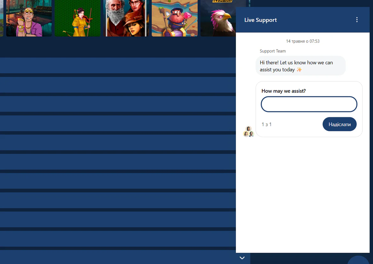 Betmac Casino live support chat window with a welcome message from the support team and a field to submit questions